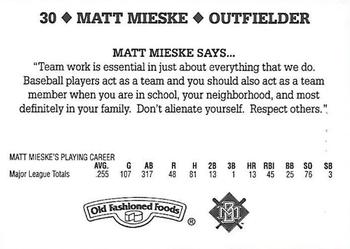 1995 Milwaukee Brewers Police - Watertown Lions Club, Watertown Police Department #NNO Matt Mieske Back