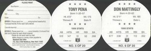 1987 Key Food Discs - Panels #5-6 Tony Pena /Don Mattingly Back