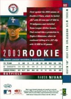 2003 Donruss/Leaf/Playoff (DLP) Rookies & Traded - 2003 Leaf Rookies & Traded #322 Ramon Nivar Back