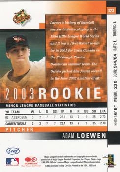 2003 Donruss/Leaf/Playoff (DLP) Rookies & Traded - 2003 Leaf Rookies & Traded #323 Adam Loewen Back