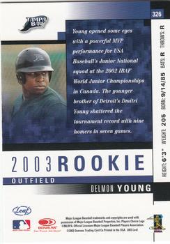 2003 Donruss/Leaf/Playoff (DLP) Rookies & Traded - 2003 Leaf Rookies & Traded #326 Delmon Young Back
