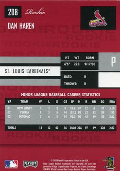 2003 Donruss/Leaf/Playoff (DLP) Rookies & Traded - 2003 Playoff Prestige Rookies & Traded #208 Dan Haren Back