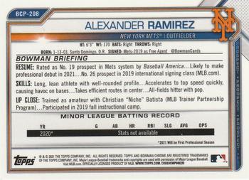 2021 Bowman Chrome - Prospects Mojo Refractor #BCP-208 Alexander Ramirez Back