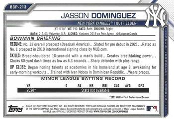 2021 Bowman Chrome - Prospects Mojo Refractor #BCP-213 Jasson Dominguez Back