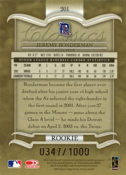 2003 Donruss/Leaf/Playoff (DLP) Rookies & Traded - 2003 Donruss Classics Rookies & Traded #201 Jeremy Bonderman Back