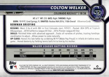 2022 Bowman #23 Colton Welker Back