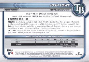 2022 Bowman #33 Josh Lowe Back