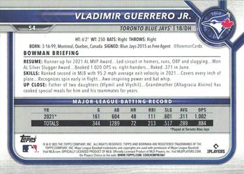2022 Bowman #54 Vladimir Guerrero Jr. Back