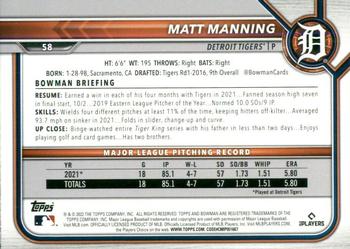 2022 Bowman #58 Matt Manning Back