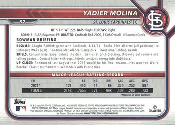 2022 Bowman #92 Yadier Molina Back