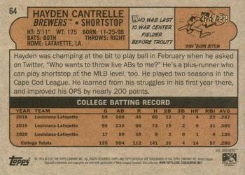 2021 Topps Heritage Minor League - Blue #64 Hayden Cantrelle Back