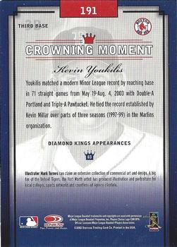 2003 Donruss/Leaf/Playoff (DLP) Rookies & Traded - 2003 Donruss Diamond Kings Rookies & Traded #191 Kevin Youkilis Back