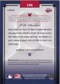 2003 Donruss/Leaf/Playoff (DLP) Rookies & Traded - 2003 Donruss Diamond Kings Rookies & Traded #194 J.D. Durbin Back
