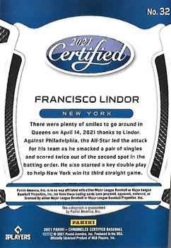 2021 Panini Chronicles - Certified Autographs #32 Francisco Lindor Back