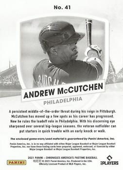 2021 Panini Chronicles - America's Pastime Dual Swatches Blue #41 Andrew McCutchen Back