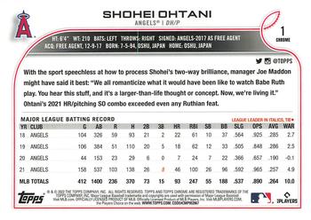 2022 Topps Chrome #1 Shohei Ohtani Back