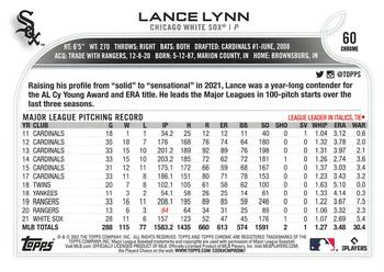 2022 Topps Chrome #60 Lance Lynn Back