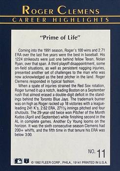 1992 Fleer - Roger Clemens Career Highlights Autographed #11 Roger Clemens Back