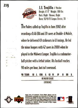 2002 Upper Deck Rookie Update - 2002 SP Authentic Update #219 J.J. Trujillo Back