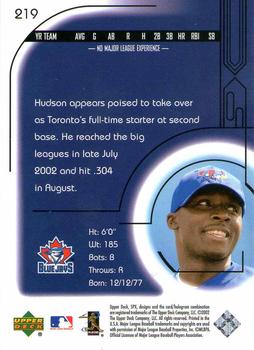 2002 Upper Deck Rookie Update - 2002 SPx Update #219 Orlando Hudson Back