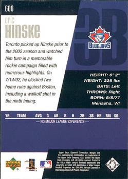 2002 Upper Deck Rookie Update - 2002 Upper Deck Diamond Collection Update #600 Eric Hinske Back