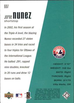 2002 Upper Deck Rookie Update - 2002 Upper Deck Diamond Collection Update #607 Jorge Nunez Back