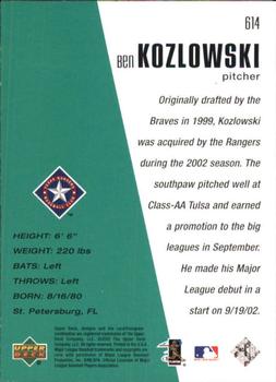 2002 Upper Deck Rookie Update - 2002 Upper Deck Diamond Collection Update #614 Ben Kozlowski Back
