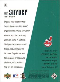 2002 Upper Deck Rookie Update - 2002 Upper Deck Diamond Collection Update #619 Earl Snyder Back