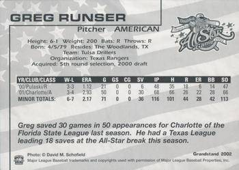 2002 Grandstand AA All-Star Game #NNO Greg Runser Back