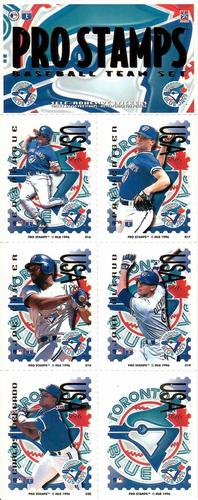 1996 Pro Stamps - Uncut Sheets #016-020 Ed Sprague / Pat Hentgen / Joe Carter / John Olerud / Carlos Delgado / Blue Jays Logo Front