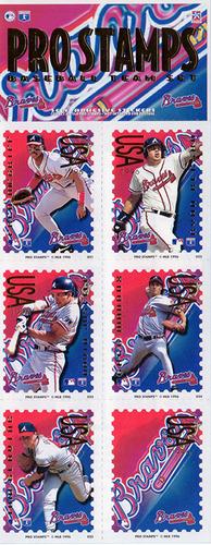 1996 Pro Stamps - Uncut Sheets #021-025 Fred McGriff / Ryan Klesko / David Justice / Greg Maddux / Tom Glavine / Braves Logo Front