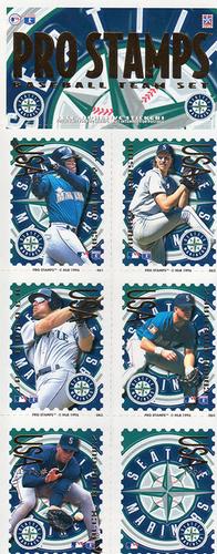 1996 Pro Stamps - Uncut Sheets #061-065 Ken Griffey Jr. / Randy Johnson / Jay Buhner / Edgar Martinez / Alex Rodriguez / Mariners Logo Front