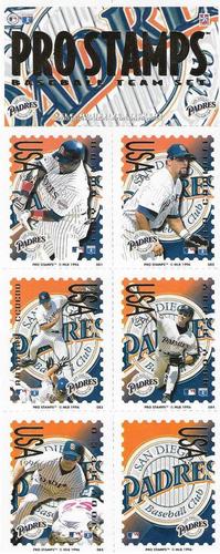 1996 Pro Stamps - Uncut Sheets #081-085 Tony Gwynn / Ken Caminiti / Andujar Cedeno / Andy Ashby / Jody Reed / Padres Logo Front