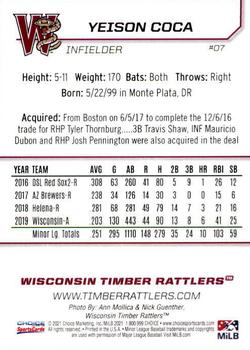 2021 Choice Wisconsin Timber Rattlers #7 Yeison Coca Back