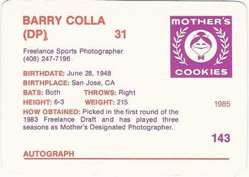 1985 Mother's Cookies Promo #143 Barry Colla Back