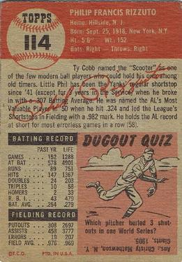 1953 Topps #114 Phil Rizzuto Back