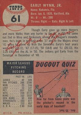 1953 Topps #61 Early Wynn Back