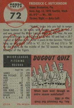 1953 Topps #72 Fred Hutchinson Back