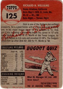 1953 Topps #125 Dick Williams Back