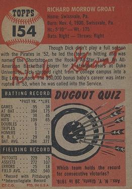 1953 Topps #154 Dick Groat Back