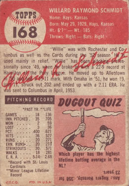 1953 Topps #168 Willard Schmidt Back