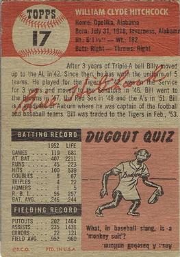 1953 Topps #17 Billy Hitchcock Back