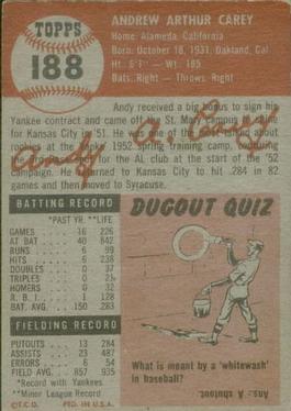 1953 Topps #188 Andy Carey Back