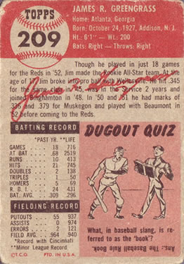 1953 Topps #209 Jim Greengrass Back