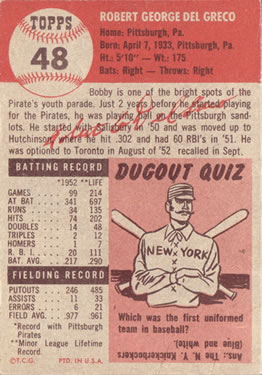 1953 Topps #48 Bob Del Greco Back