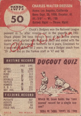 1953 Topps #50 Chuck Dressen Back