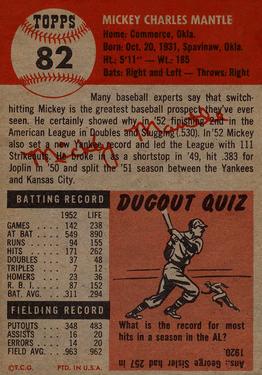 1953 Topps #82 Mickey Mantle Back