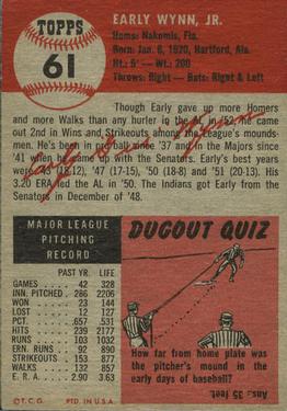 1953 Topps #61 Early Wynn Back