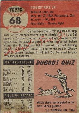 1953 Topps #68 Del Rice Back