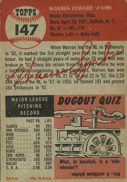 1953 Topps #147 Warren Spahn Back